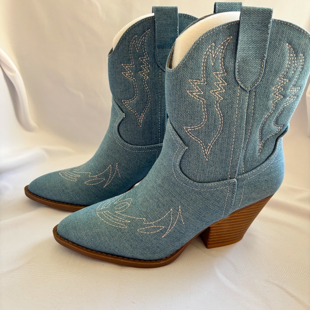 Blue Denim Western Chunky Heel Bootie